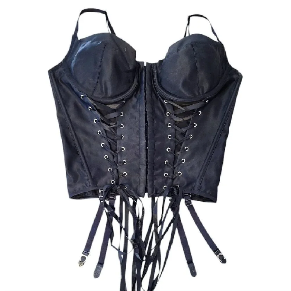 VTG Black Satin Shirley‎ Of Hollywood Lace Up Corset with Garters 38B-D